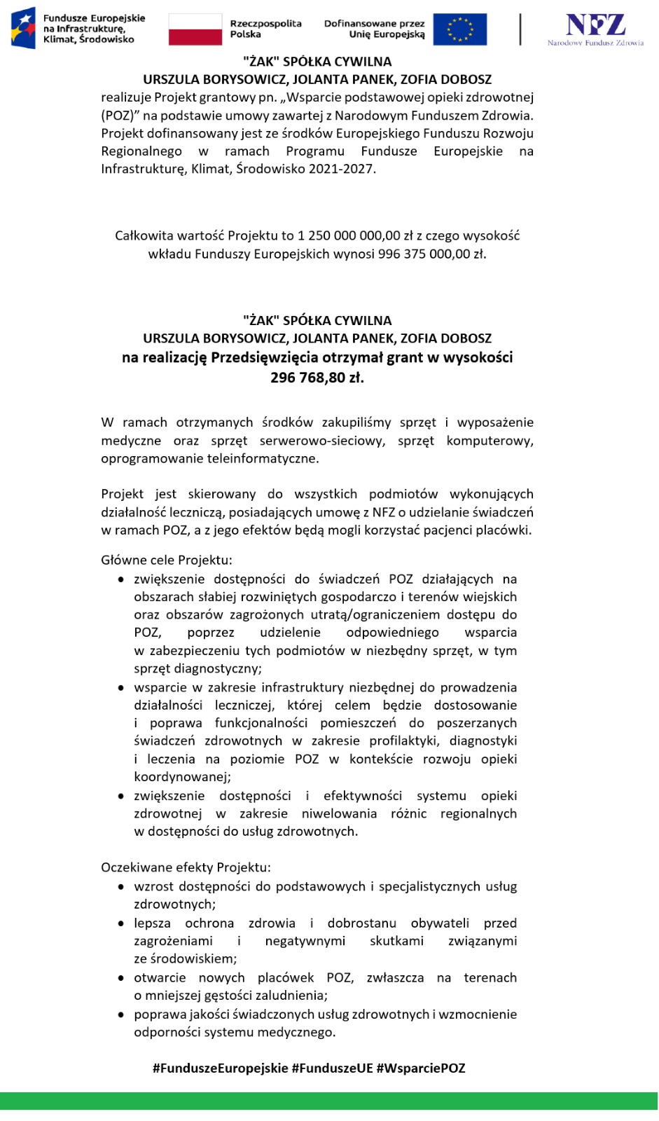 Informacja o dofinansowaniu z Funduszy Europejskich